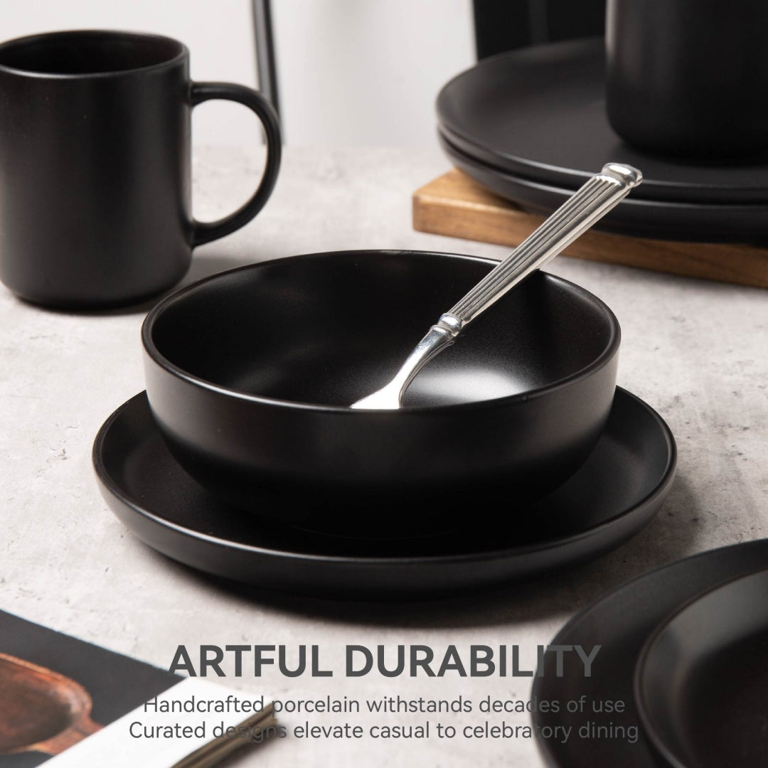 Black 12-Piece Stoneware Dinnerware Set with Mugs