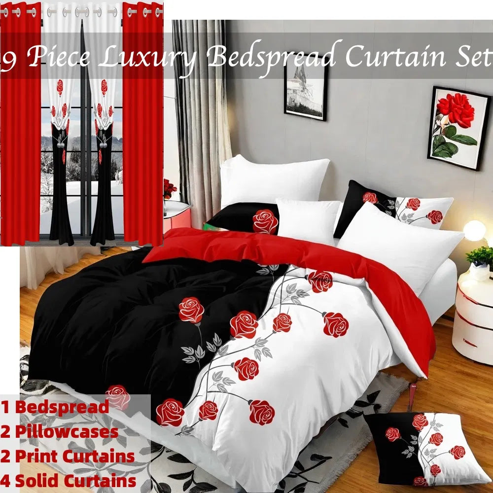 9-Piece Red Rose Bedding and Curtain Set