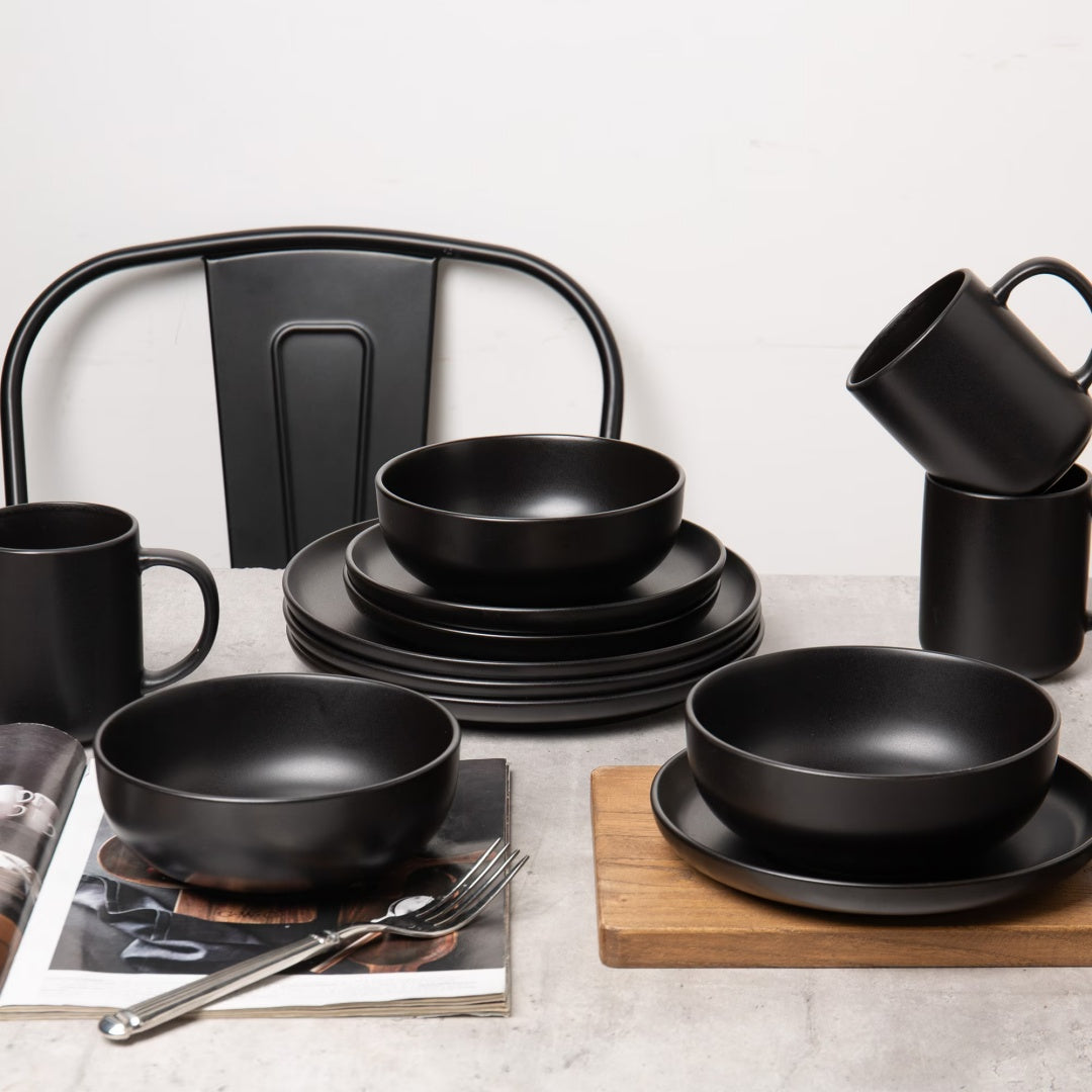 Black 12-Piece Stoneware Dinnerware Set with Mugs