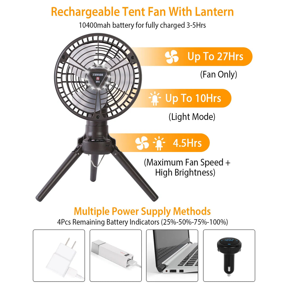 Rechargeable 10400mAh Camping Fan with LED Light