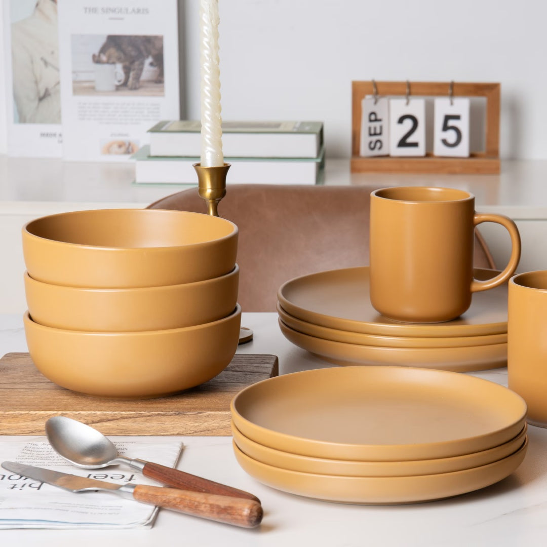 Orange 12-Piece Stoneware Dinnerware Set with Mugs