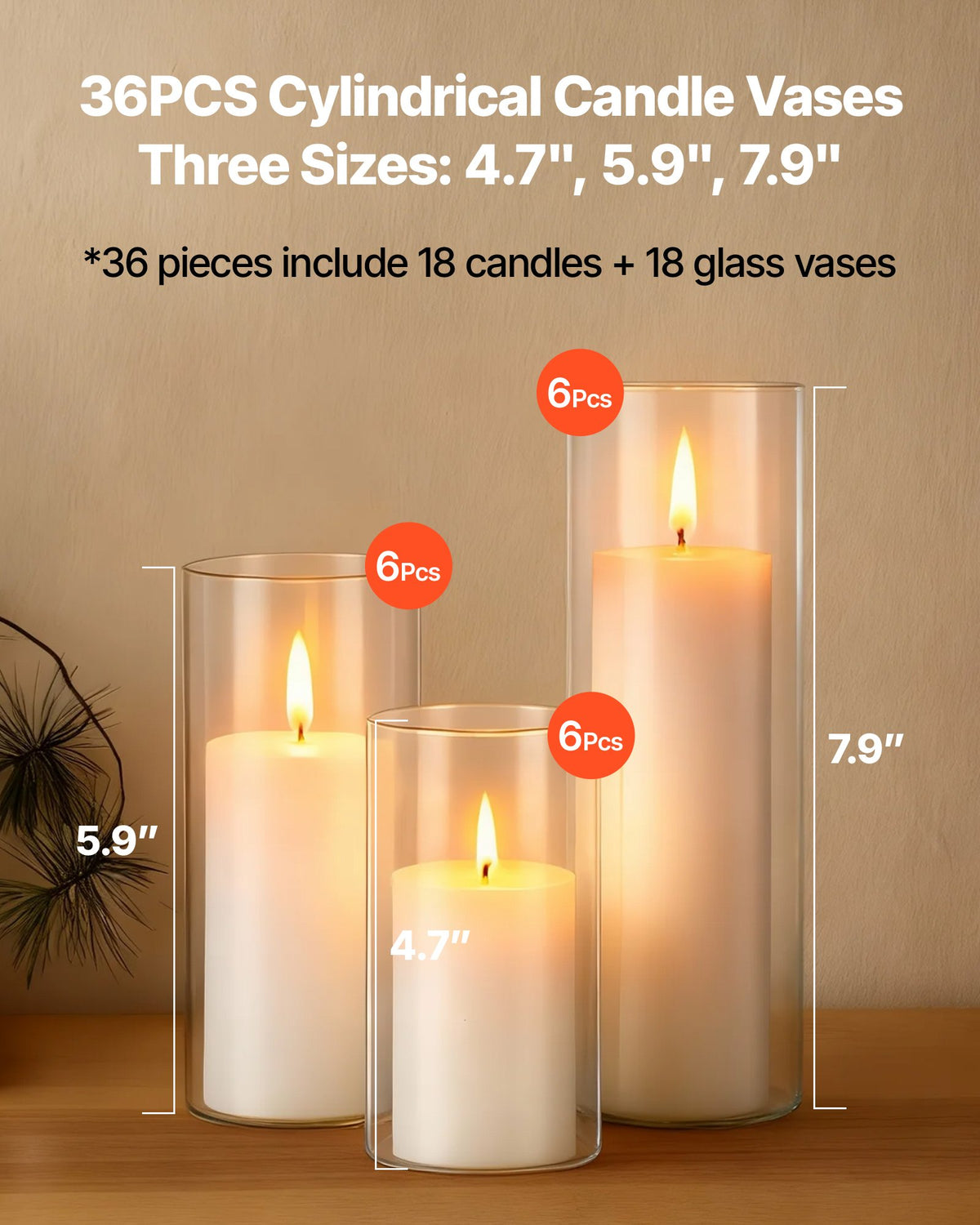 36-Piece Pillar Candle and Glass Vase Set, 2.56-Inch