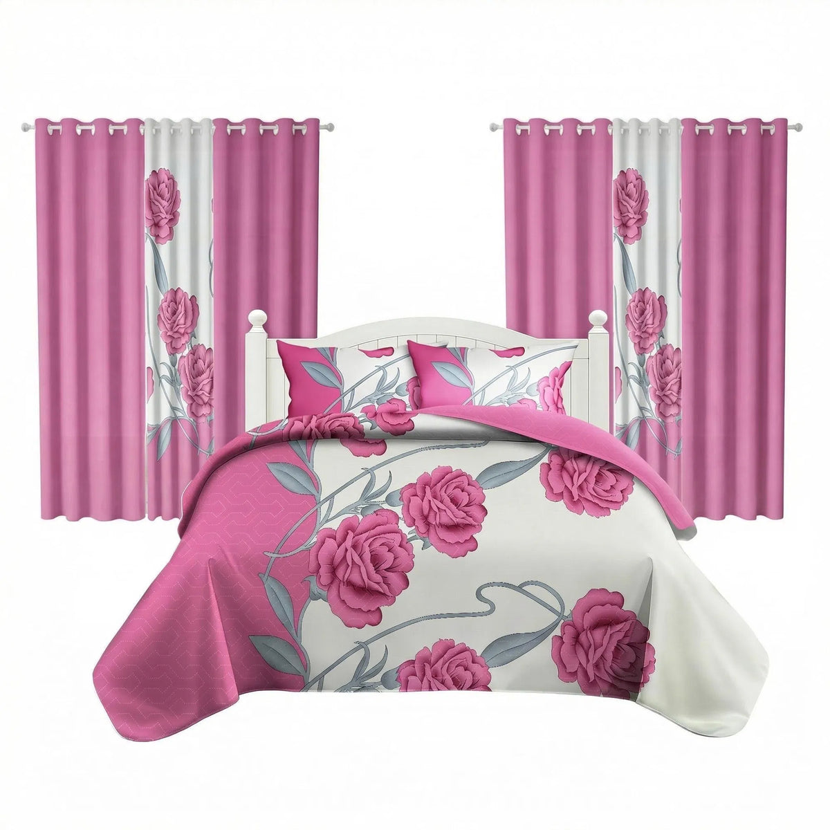 9-Piece Pink Rose Bedding and Curtain Set