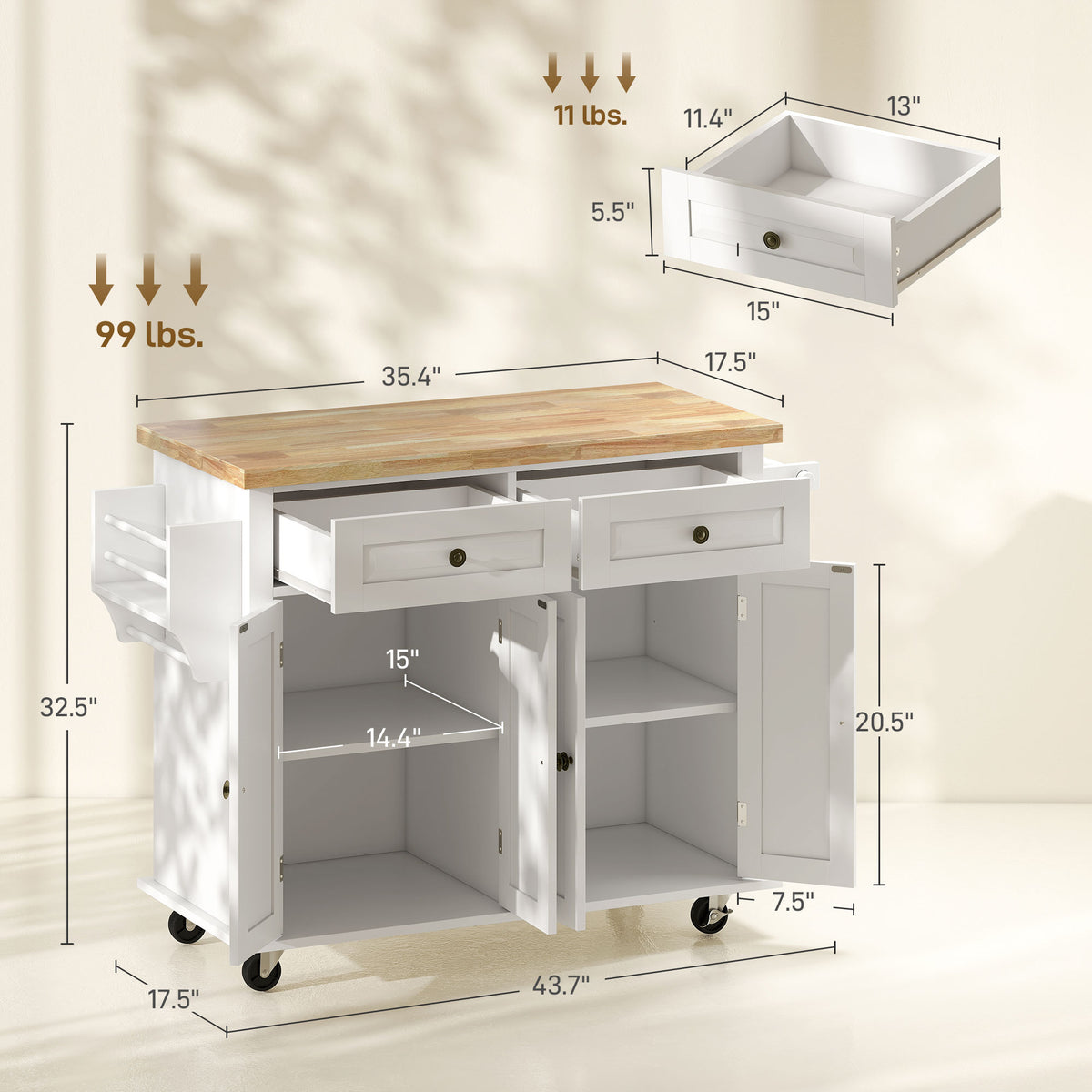 44-Inch White Mobile Kitchen Island with 2 Drawers