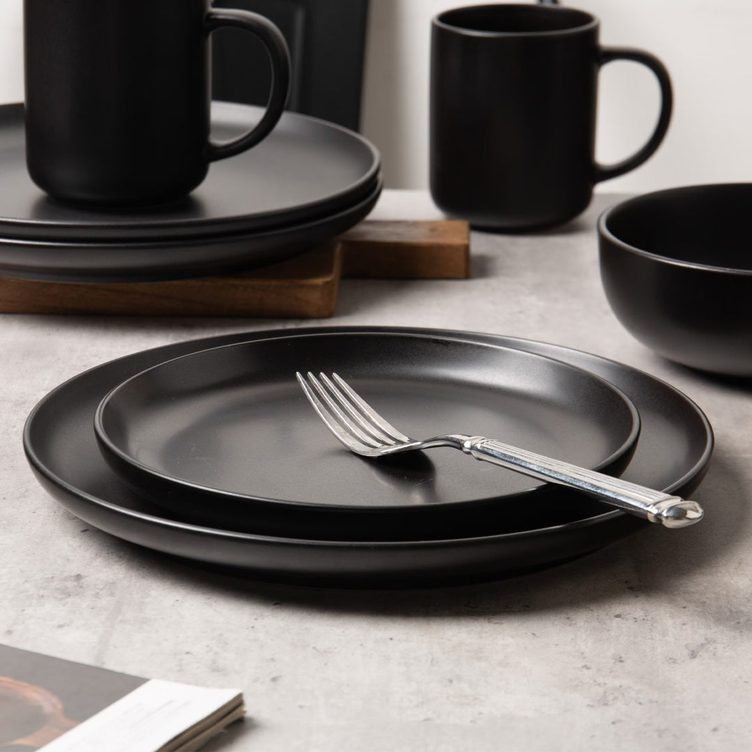 Black 12-Piece Stoneware Dinnerware Set with Mugs