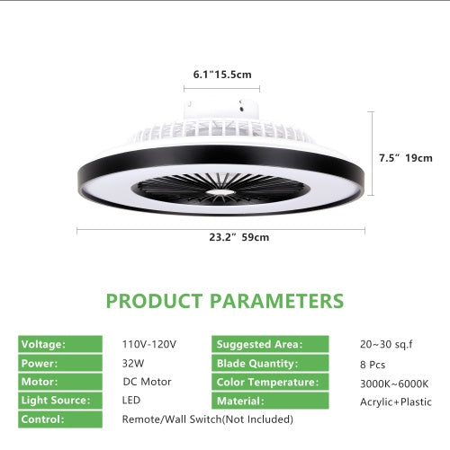 23-Inch Black Ceiling Fan with RGB LED Light
