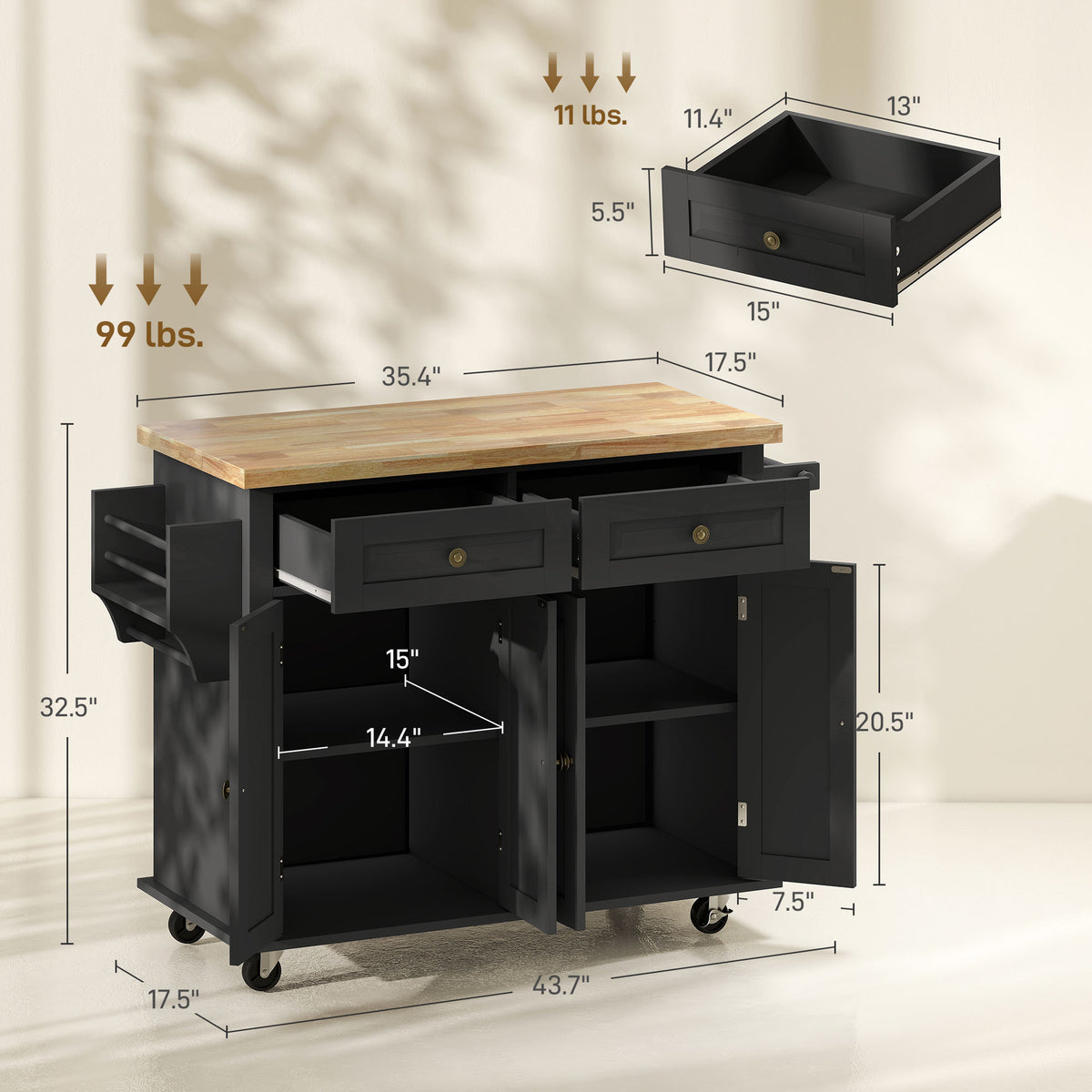 44-Inch Black Mobile Kitchen Island with 2 Drawers