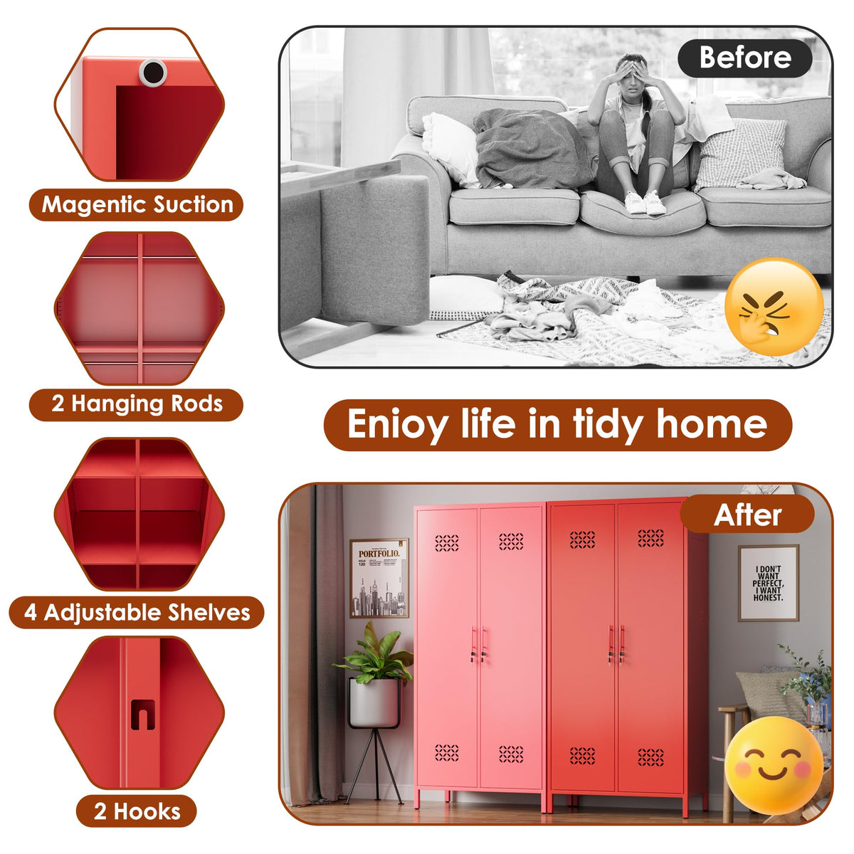 Red Metal Wardrobe Cabinet with Adjustable Shelves