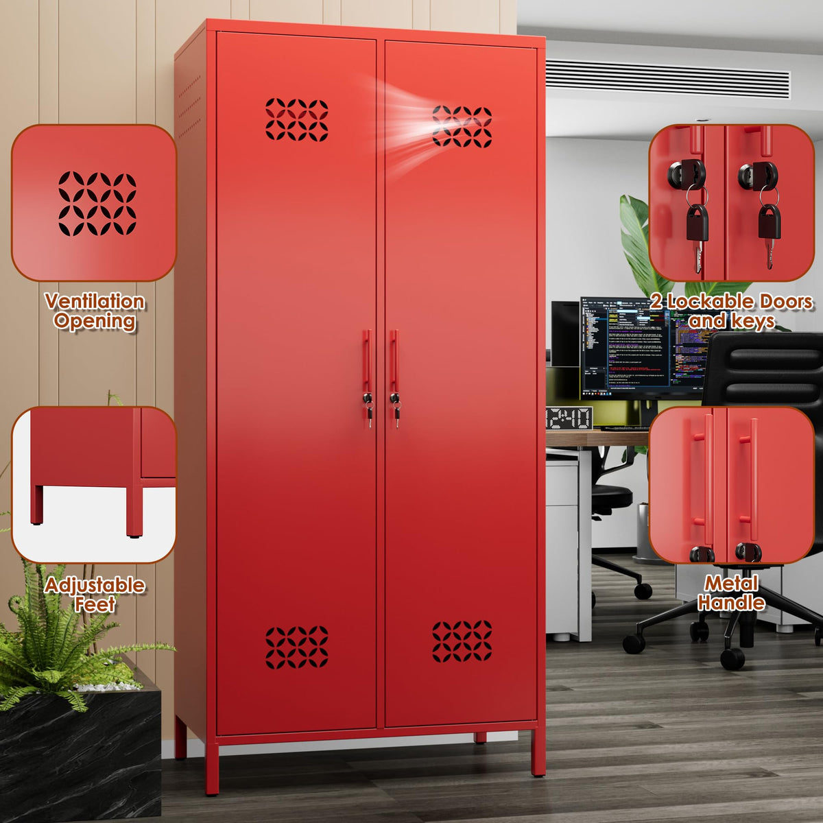 Red Metal Wardrobe Cabinet with Adjustable Shelves