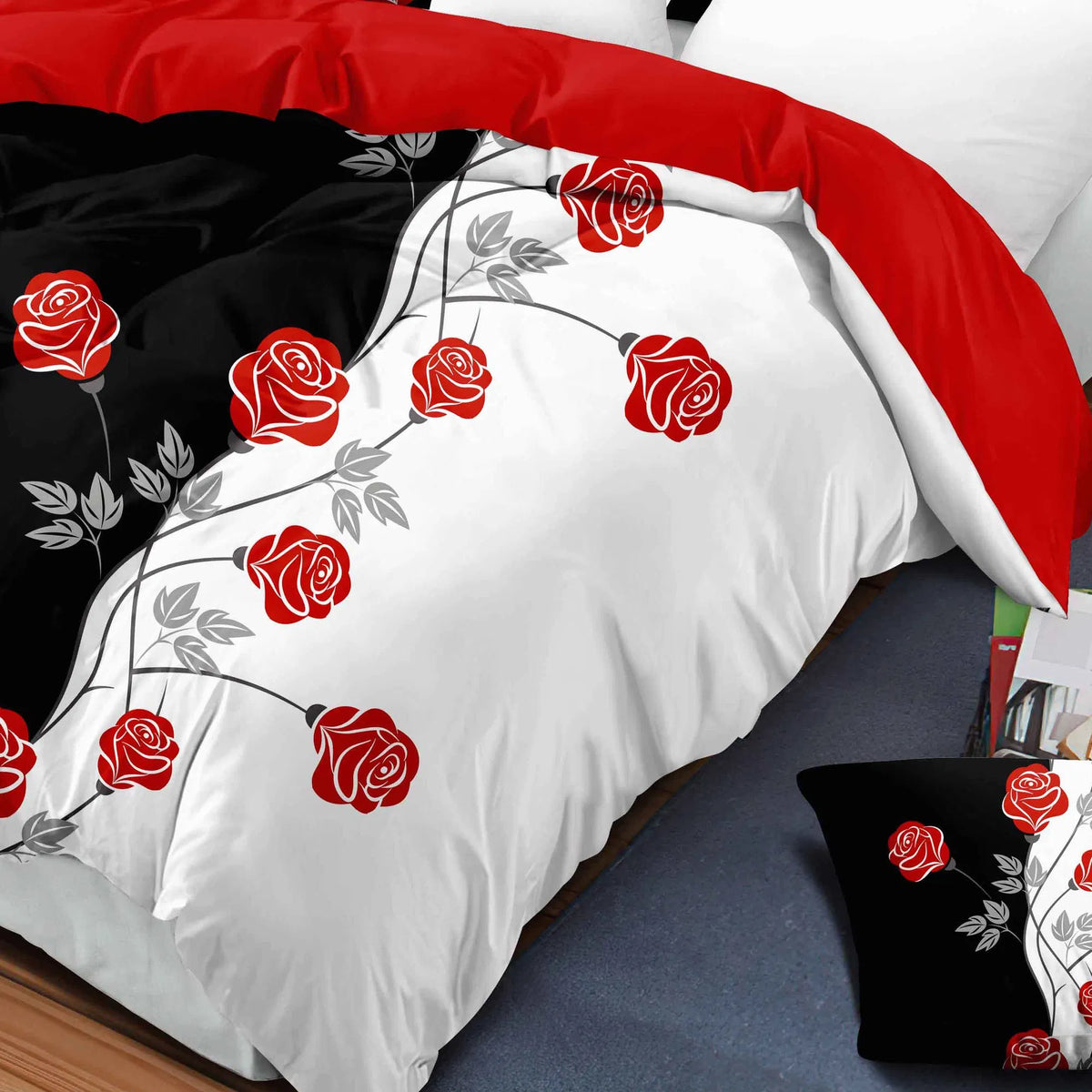 9-Piece Red Rose Bedding and Curtain Set