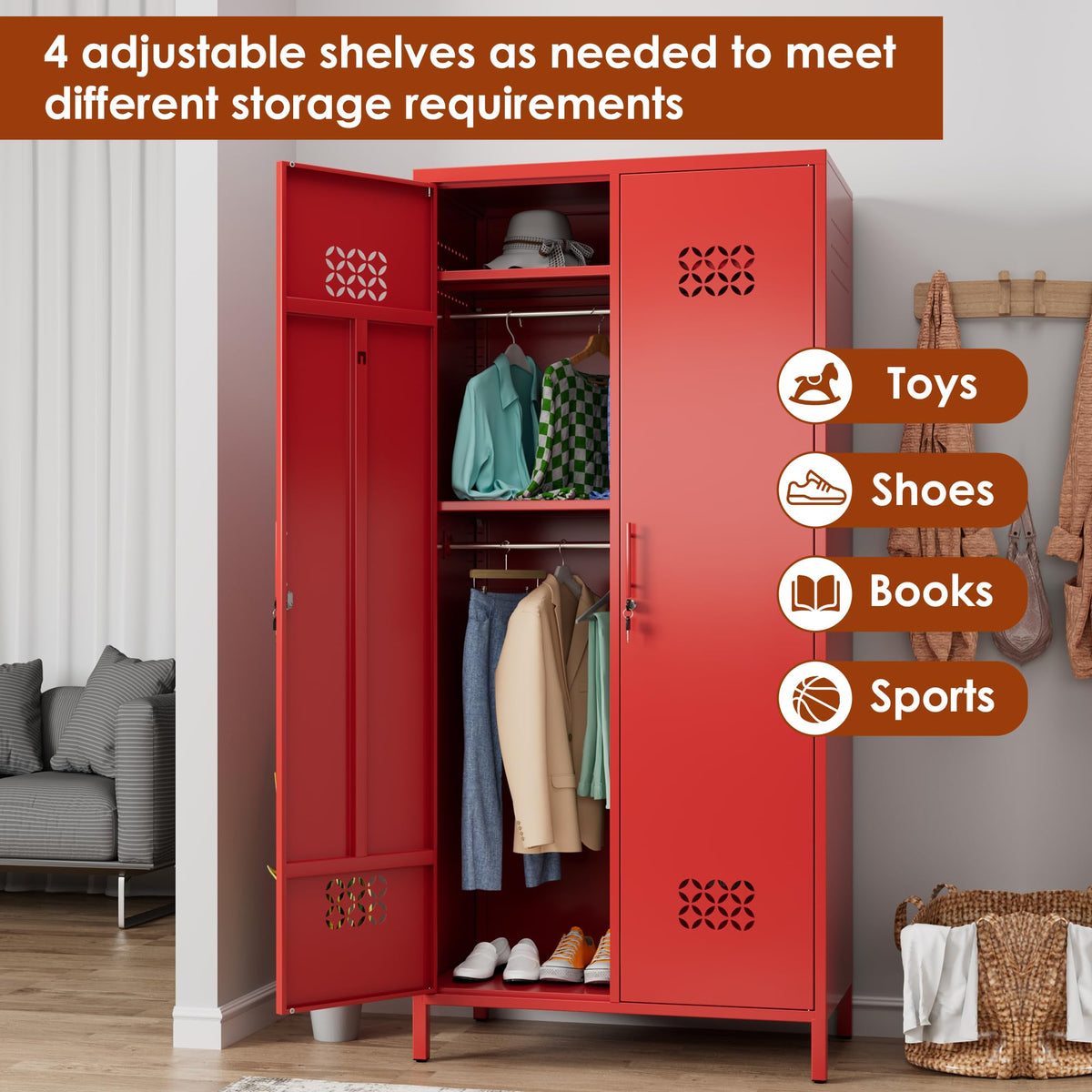 Red Metal Wardrobe Cabinet with Adjustable Shelves