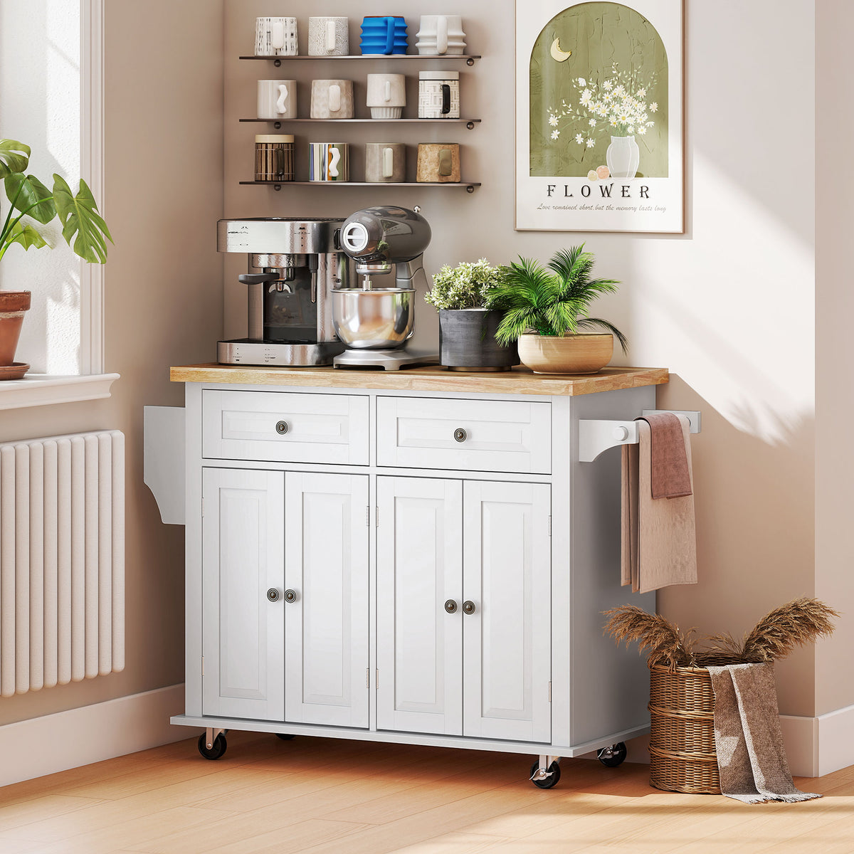 44-Inch White Mobile Kitchen Island with 2 Drawers