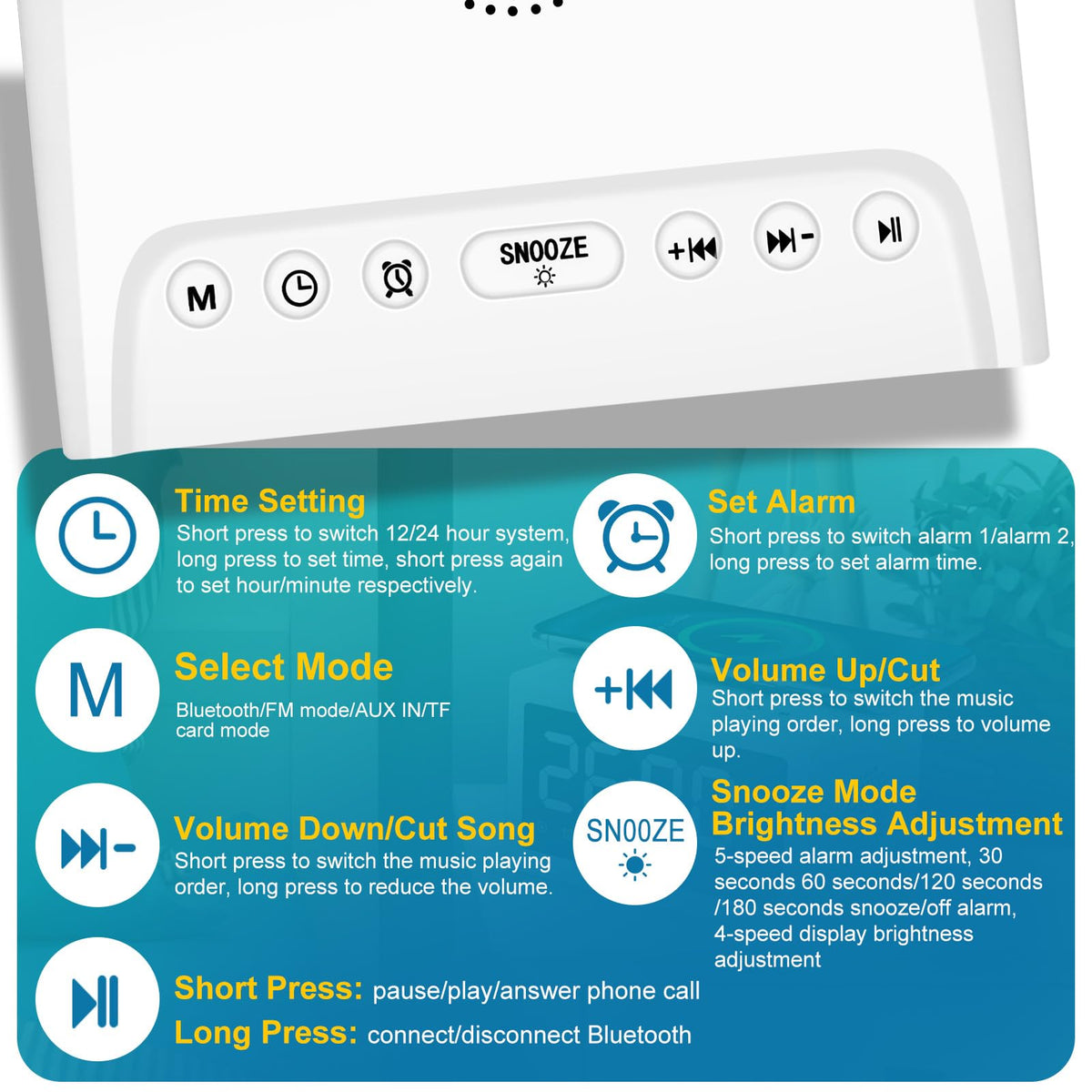 Digital Alarm Clock with Bluetooth and Qi Charging