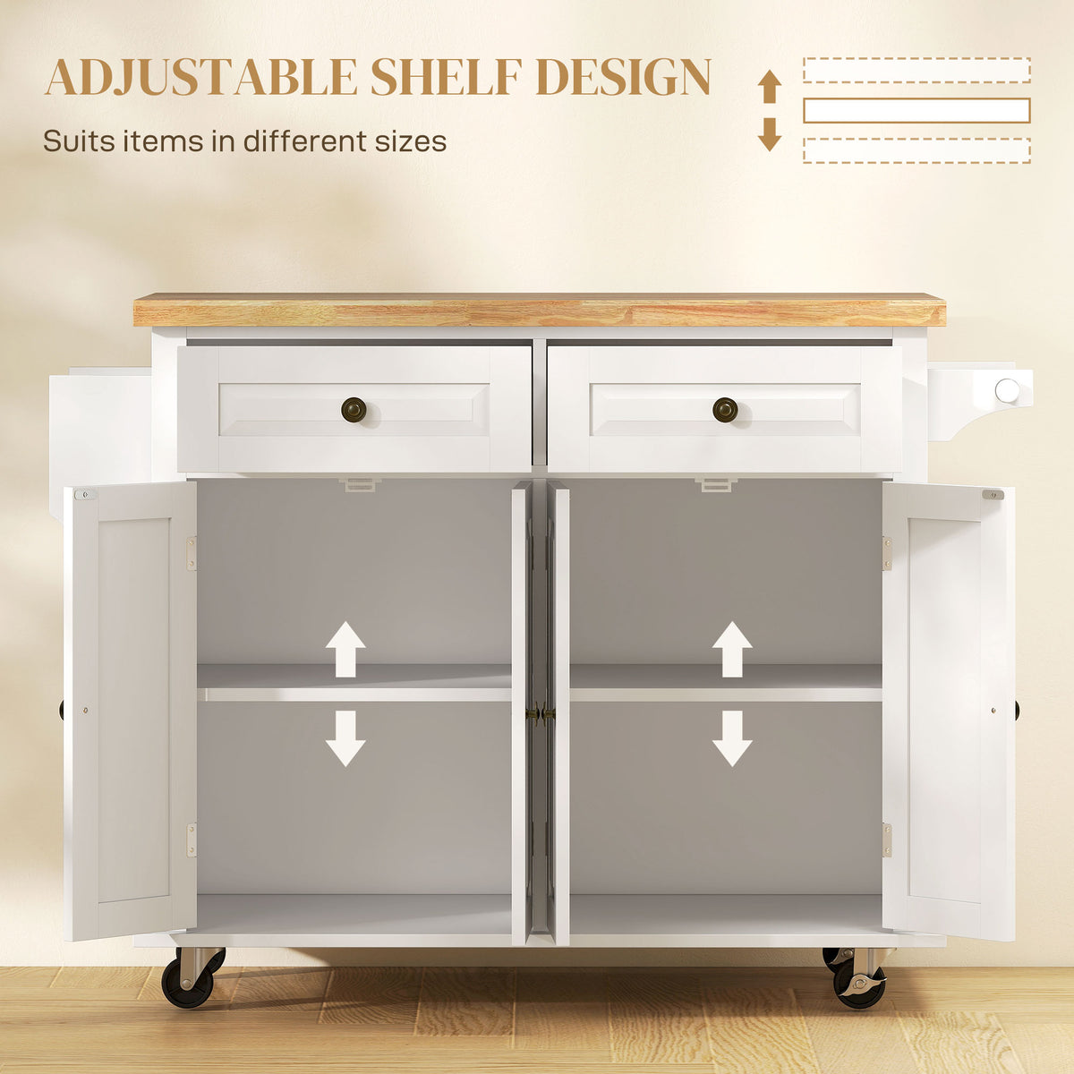 44-Inch White Mobile Kitchen Island with 2 Drawers