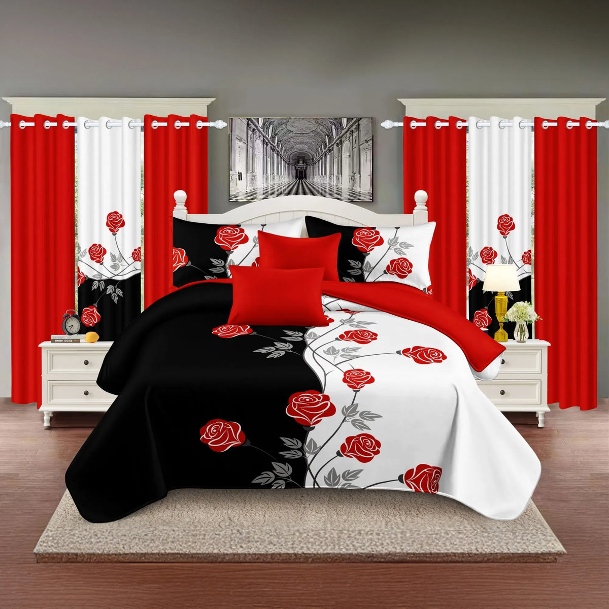 9-Piece Red Rose Bedding and Curtain Set