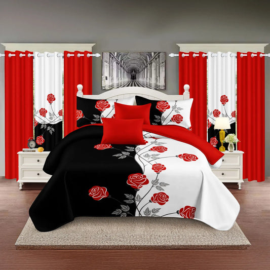 9-Piece Red Rose Bedding and Curtain Set
