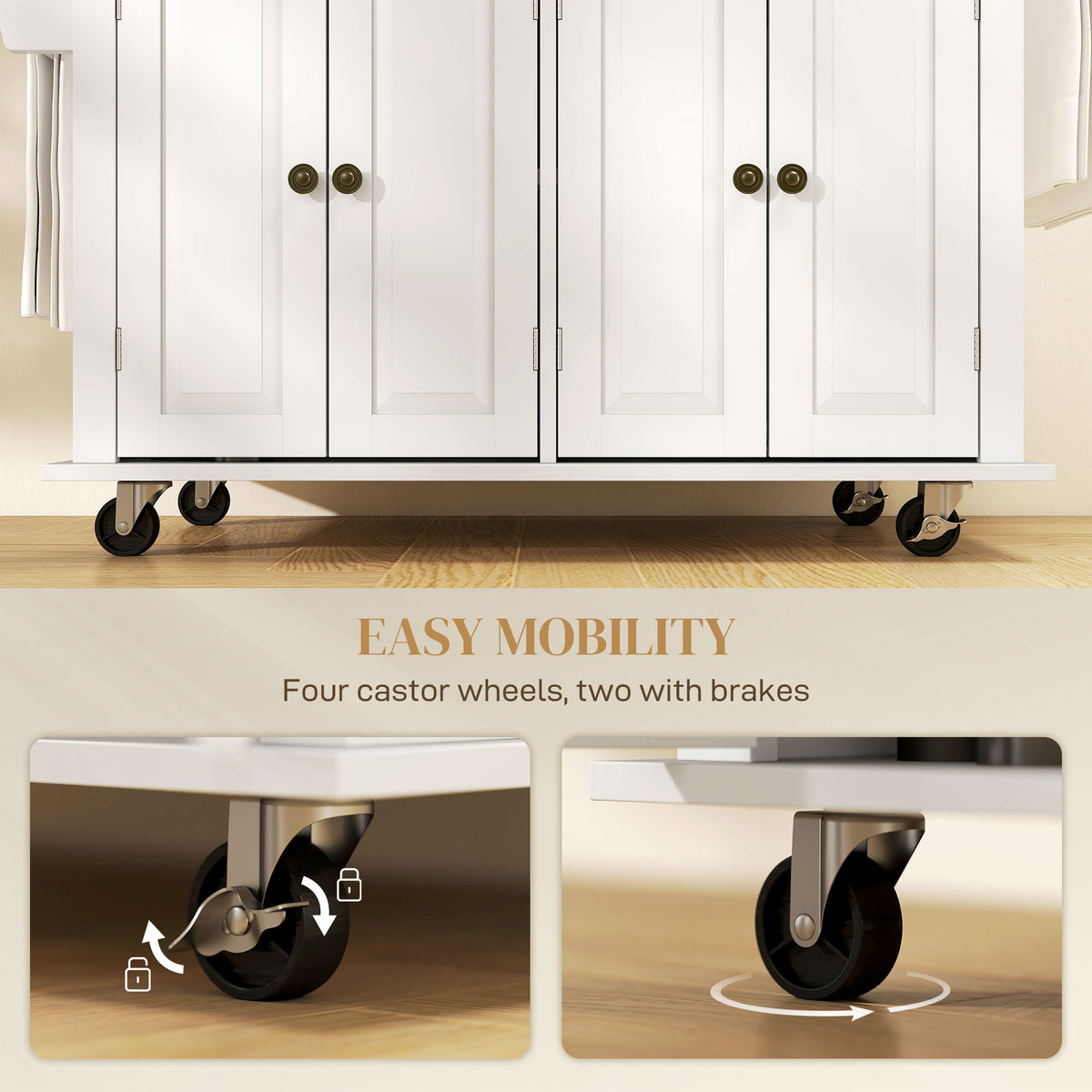 44-Inch White Mobile Kitchen Island with 2 Drawers