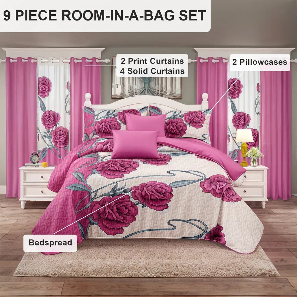 9-Piece Pink Rose Bedding and Curtain Set