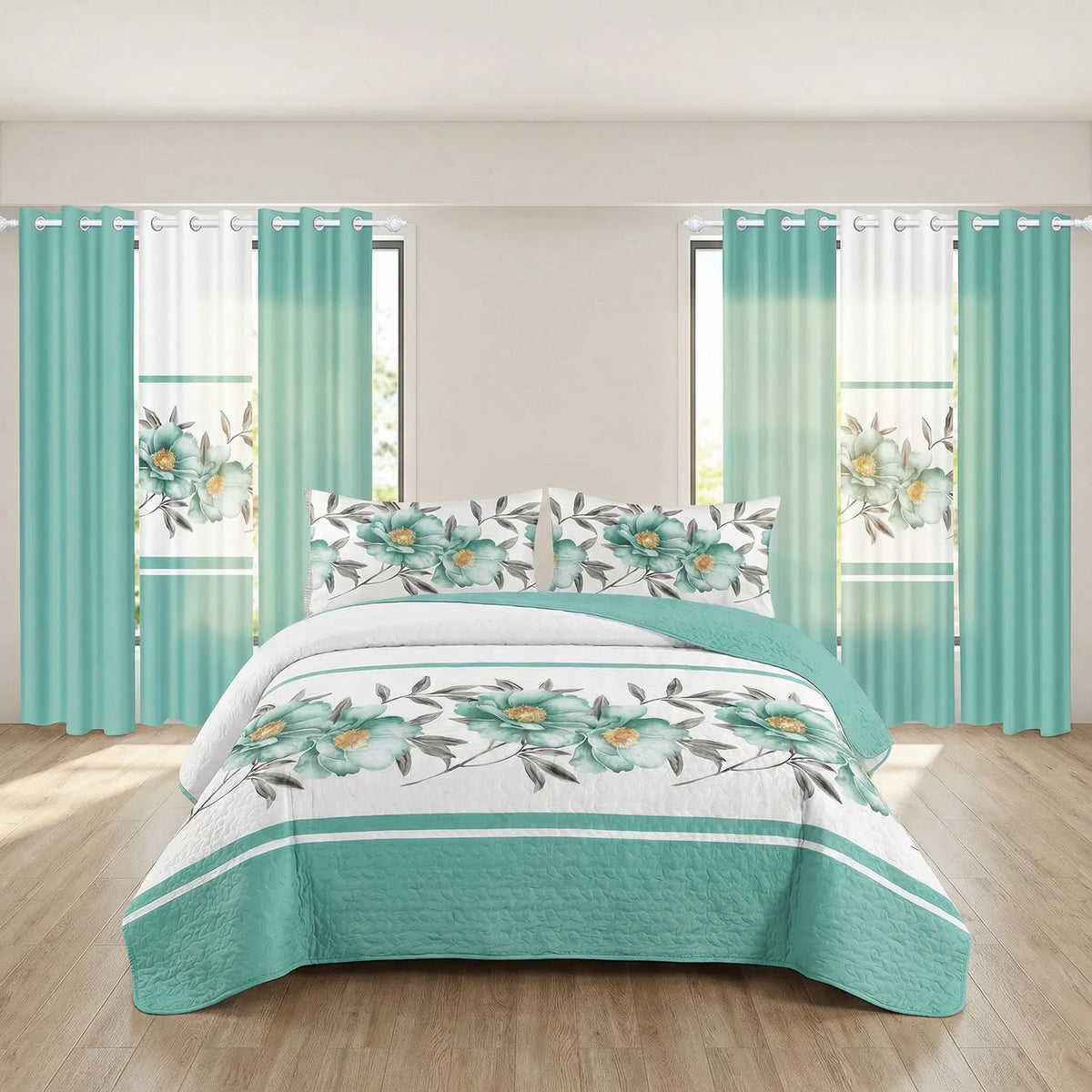 9-Piece Quilted Bedspread and Curtain Set
