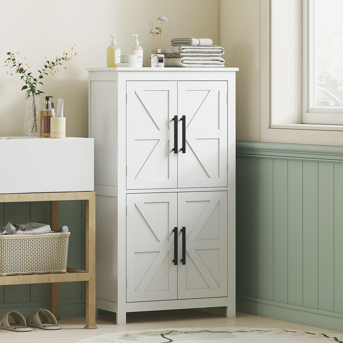 White Farmhouse Bathroom Cabinet with 4 Doors