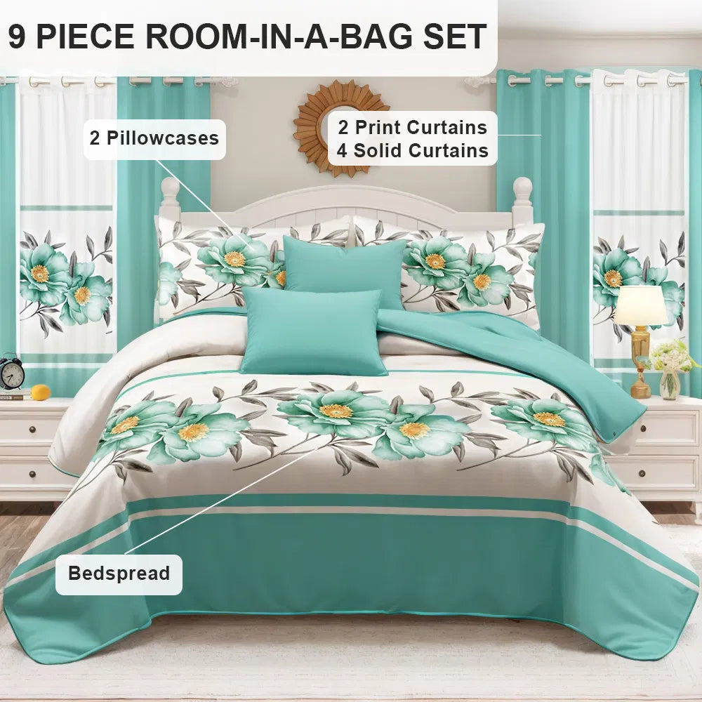 9-Piece Quilted Bedspread and Curtain Set