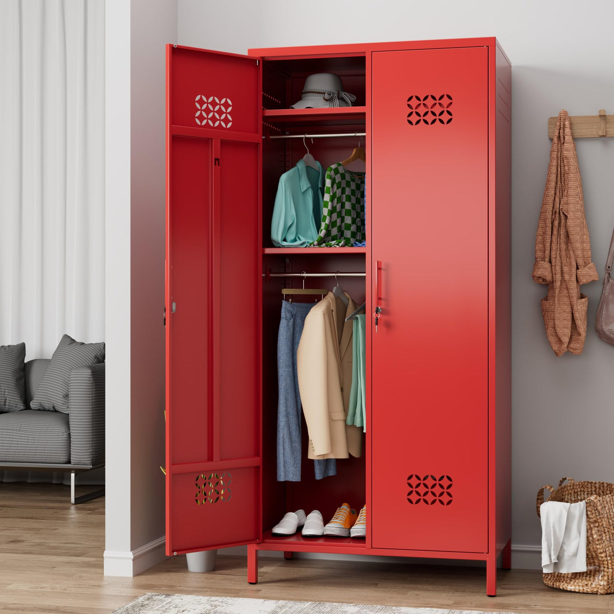 Red Metal Wardrobe Cabinet with Adjustable Shelves