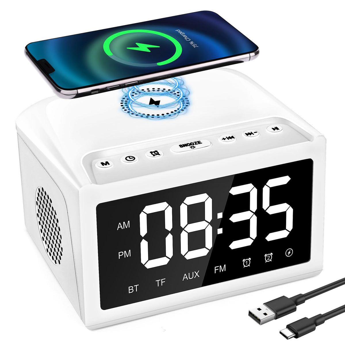 Digital Alarm Clock with Bluetooth and Qi Charging