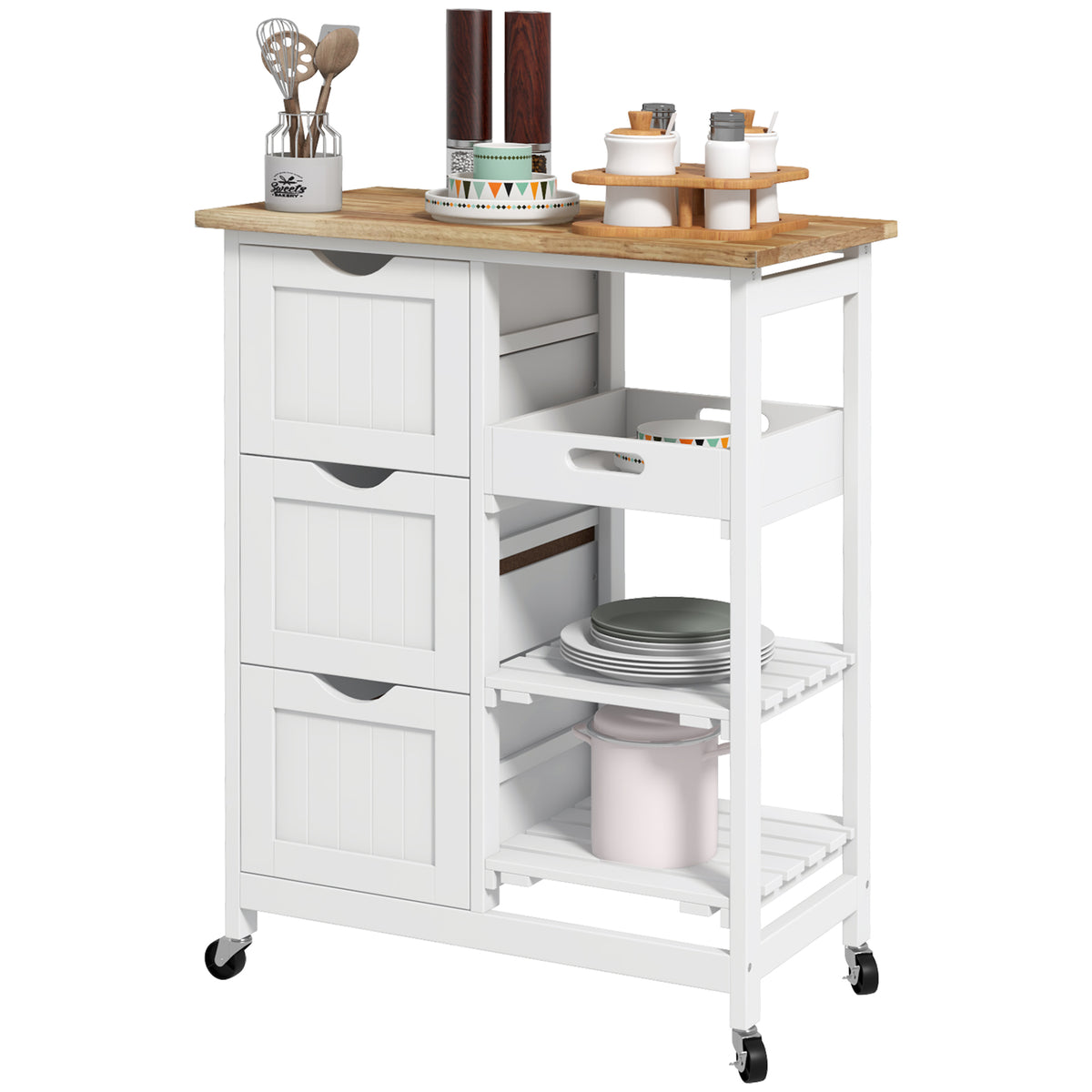 White Rolling Kitchen Cart with Wood Top