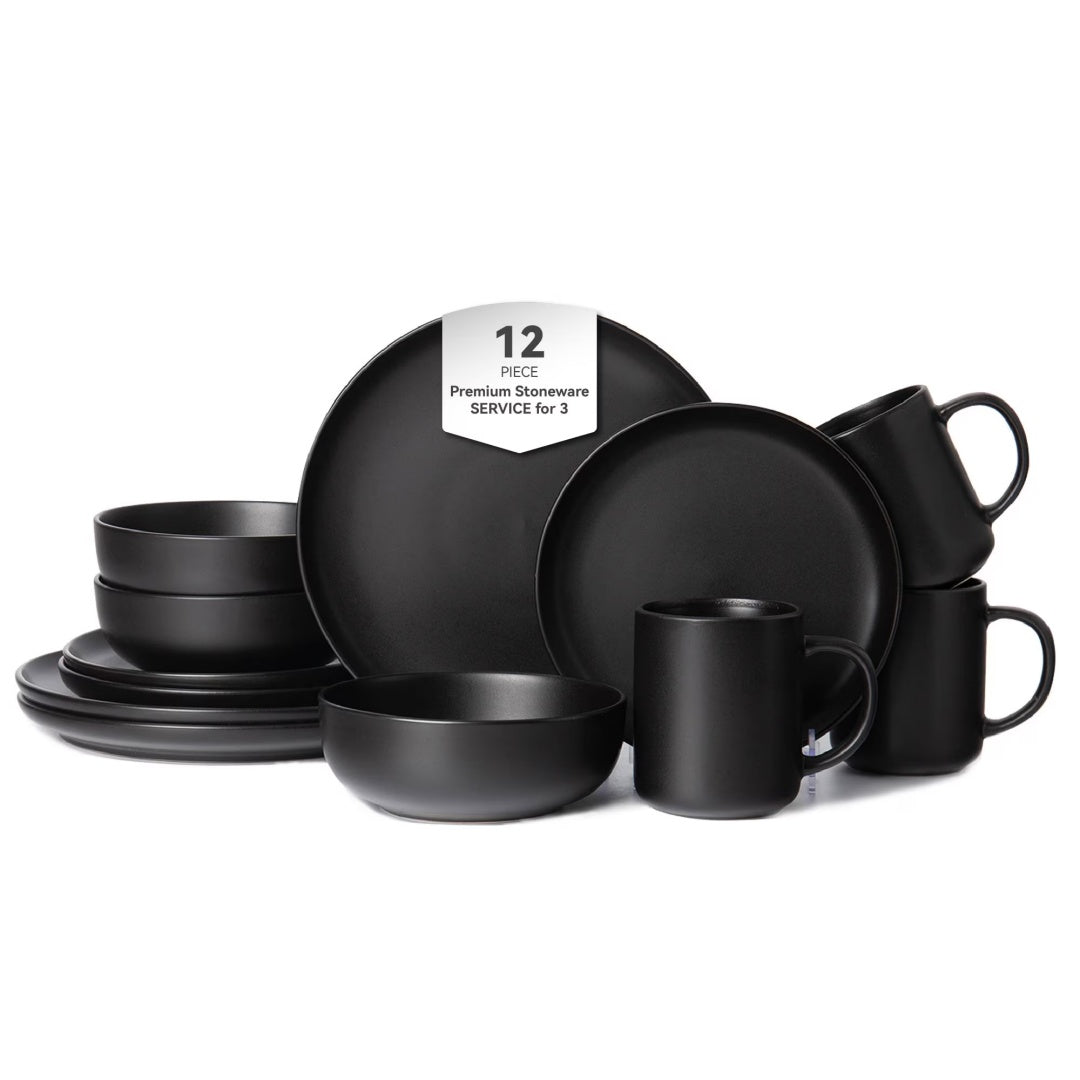 Black 12-Piece Stoneware Dinnerware Set with Mugs