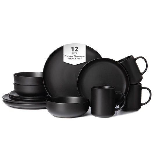 Black 12-Piece Stoneware Dinnerware Set with Mugs