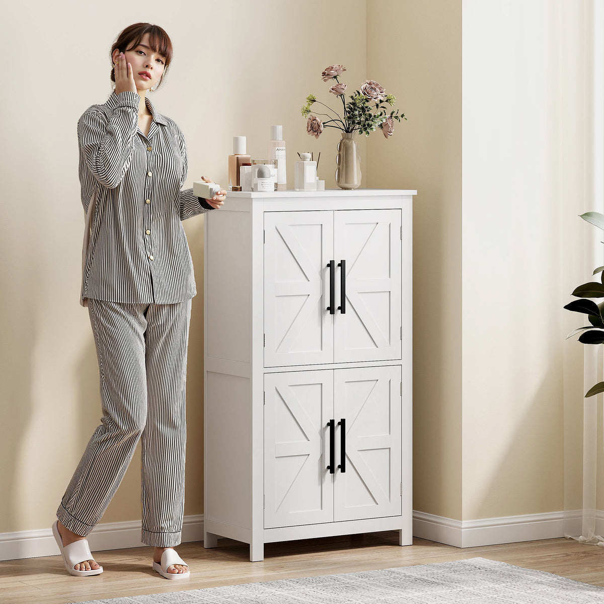 White Farmhouse Bathroom Cabinet with 4 Doors