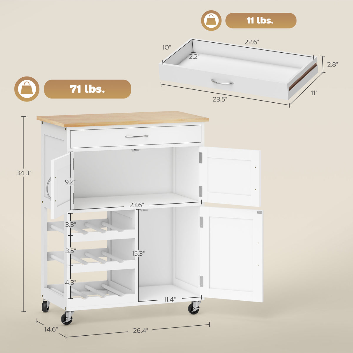 White Rolling Kitchen Cart with 9-Bottle Wine Rack