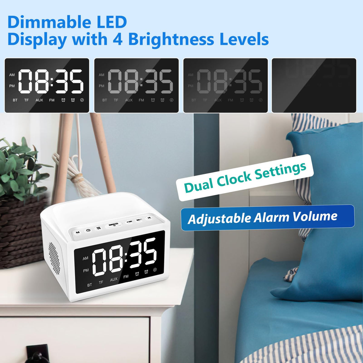 Digital Alarm Clock Radio with Bluetooth Speaker