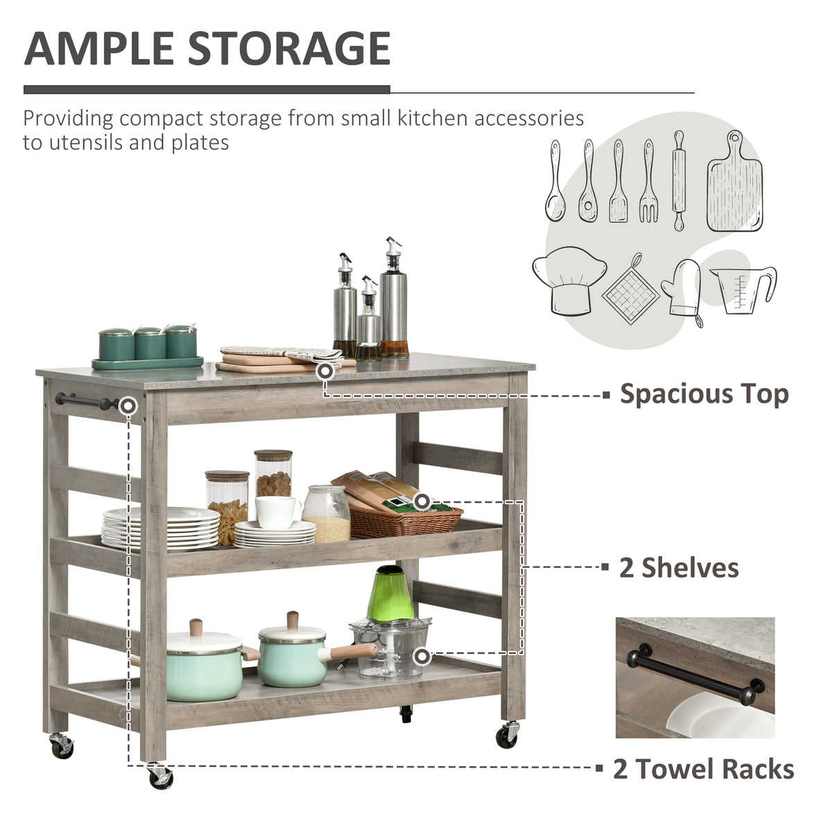 Rolling Kitchen Cart with Stainless Steel Top