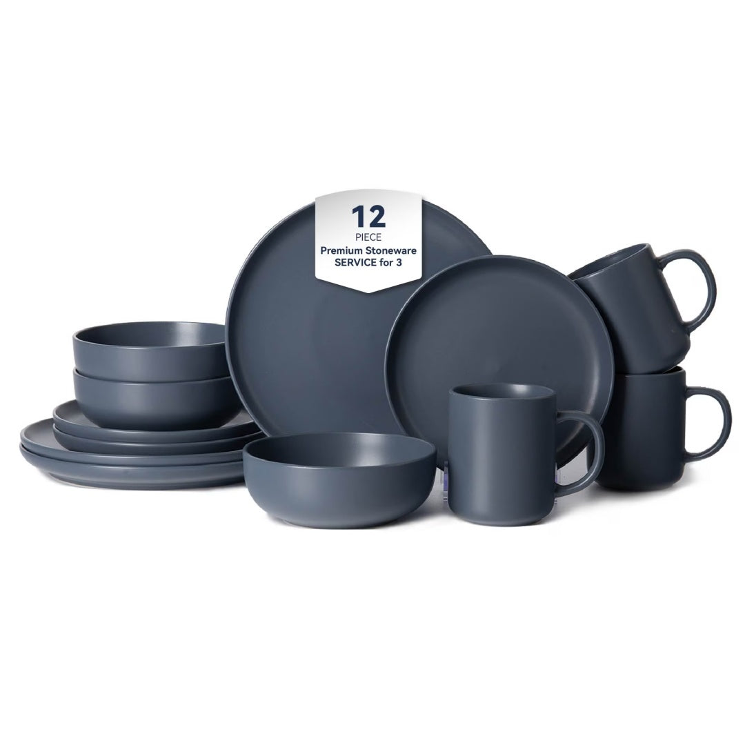 Blue 12-Piece Stoneware Dinnerware Set with Mugs