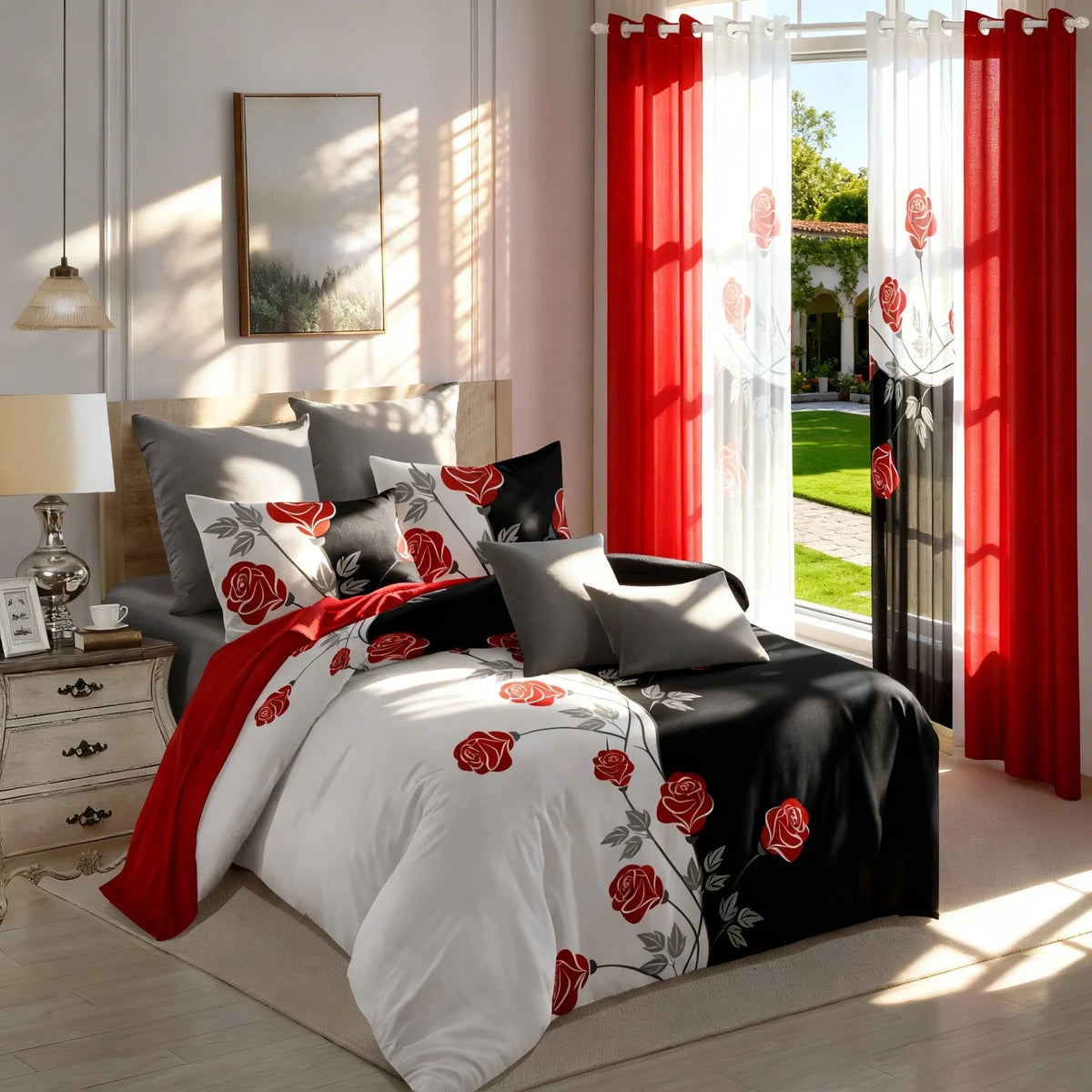 9-Piece Red Rose Bedding and Curtain Set