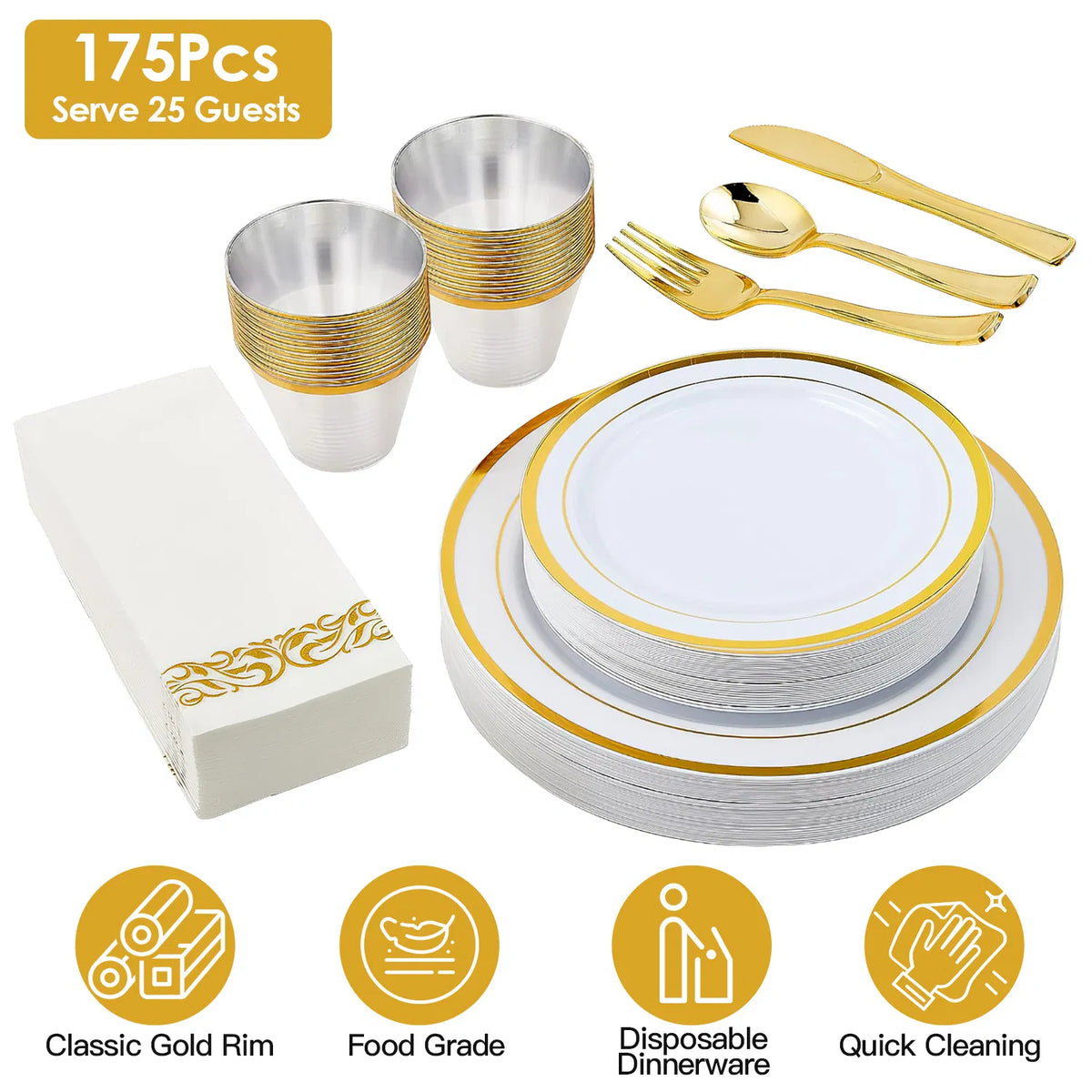 175-Piece Gold-Rim Disposable Dinnerware for 25
