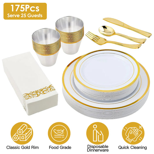 175-Piece Gold-Rim Disposable Dinnerware for 25