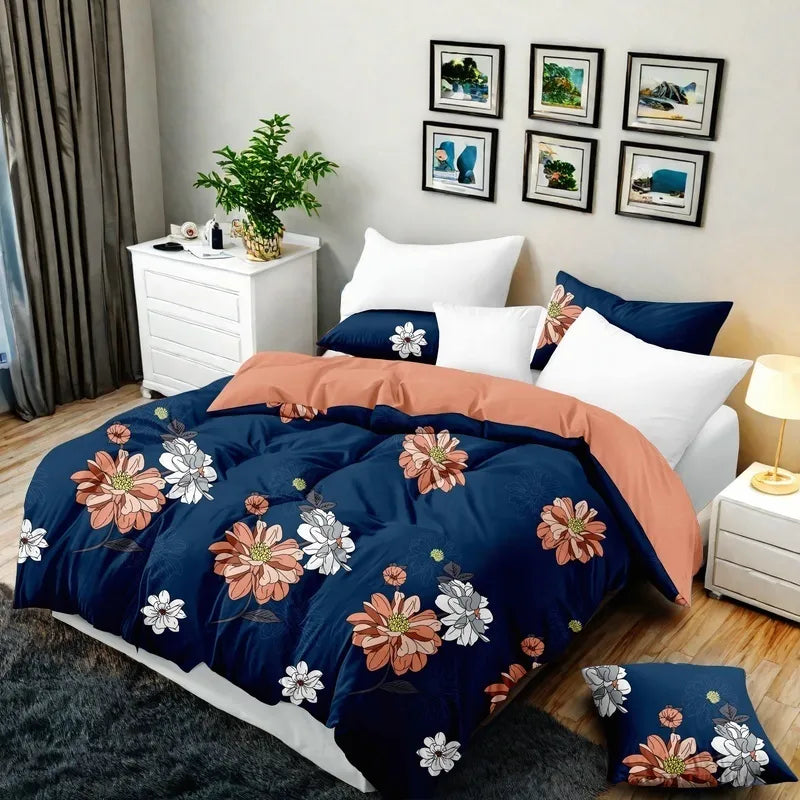 9-Piece Navy and Coral Floral Bedding and Curtain Set