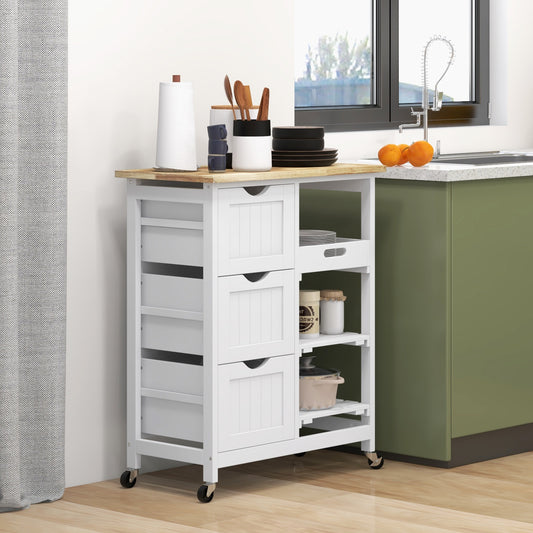 White Rolling Kitchen Cart with Wood Top