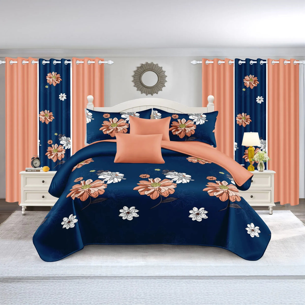 9-Piece Navy and Coral Floral Bedding and Curtain Set