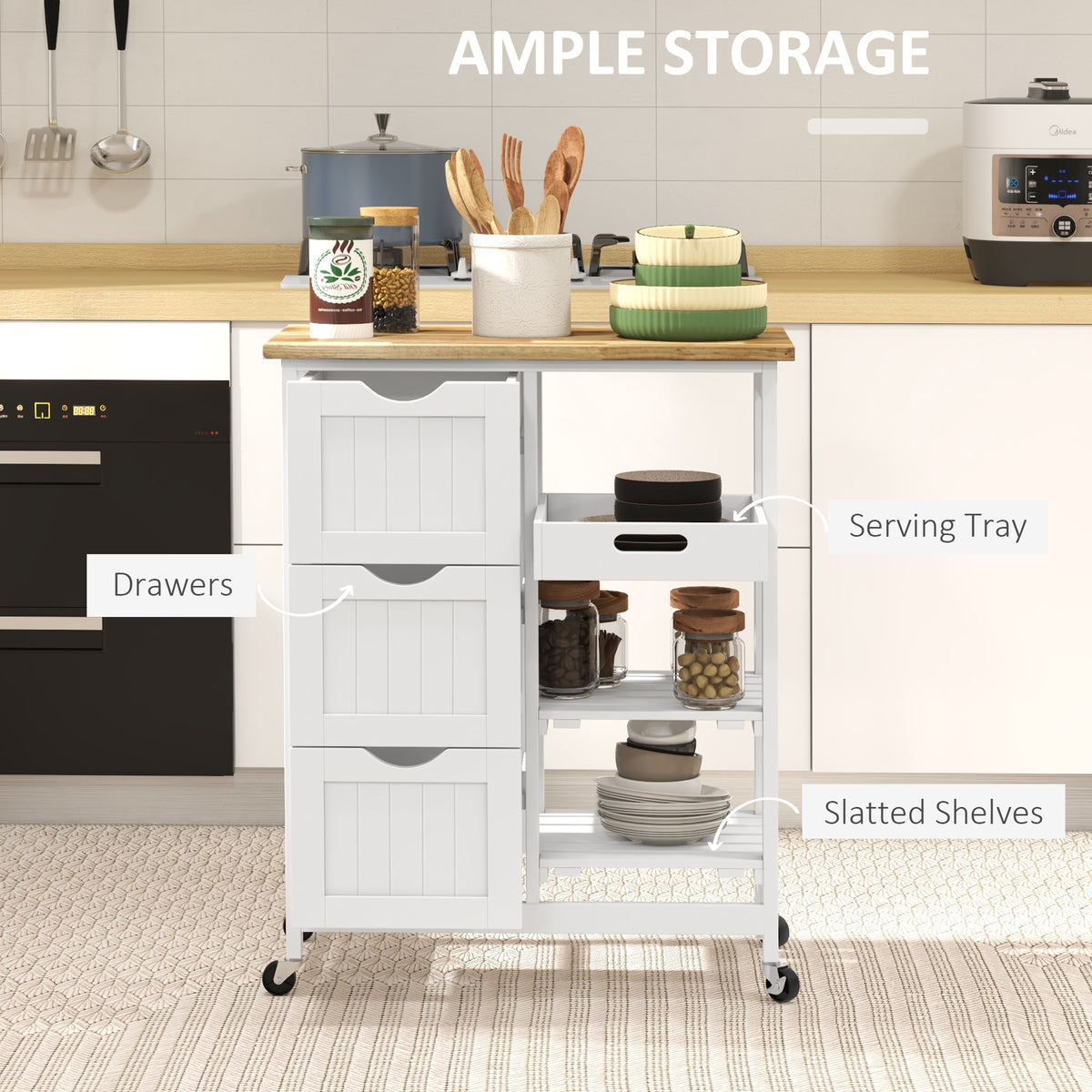 White Rolling Kitchen Cart with Wood Top