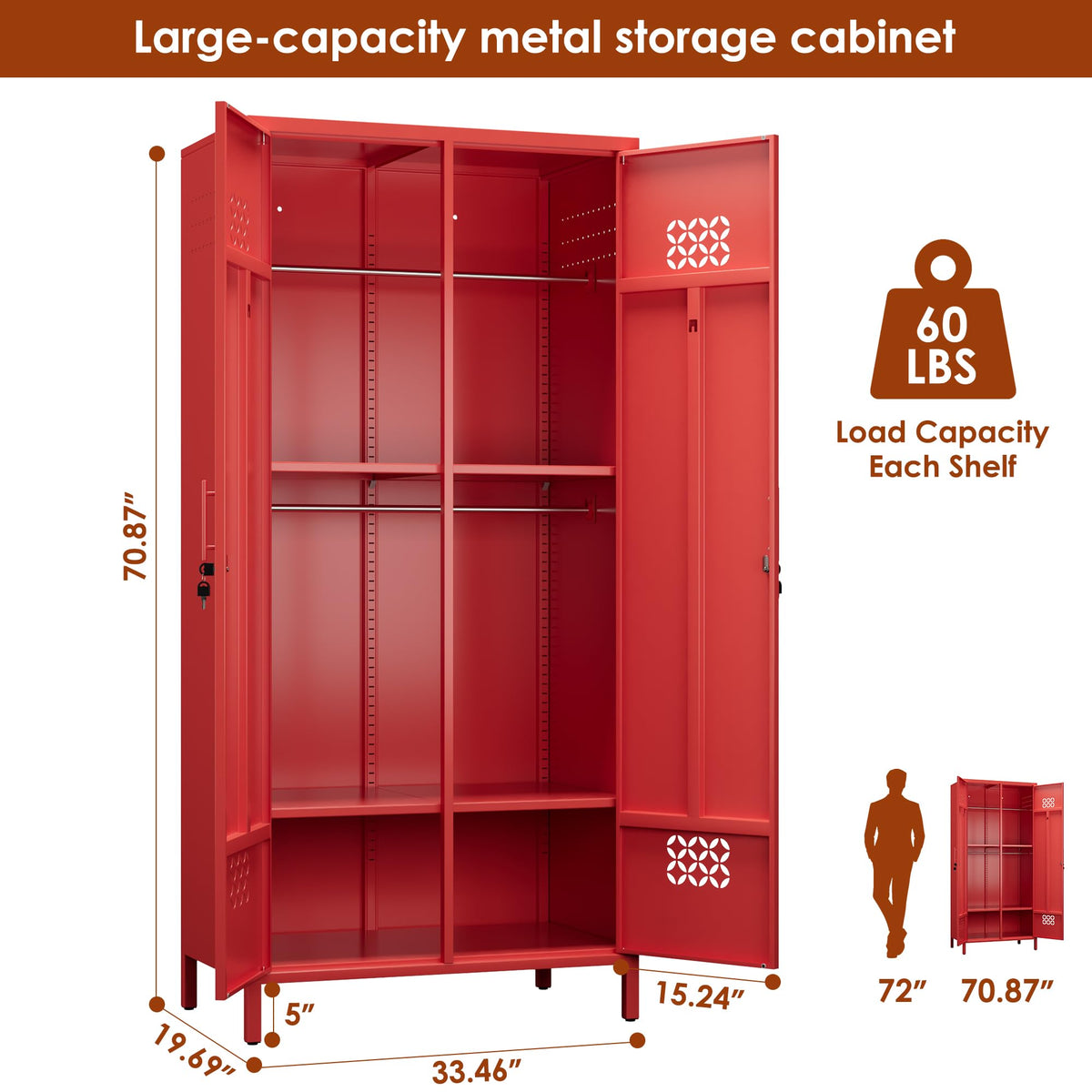 Red Metal Wardrobe Cabinet with Adjustable Shelves