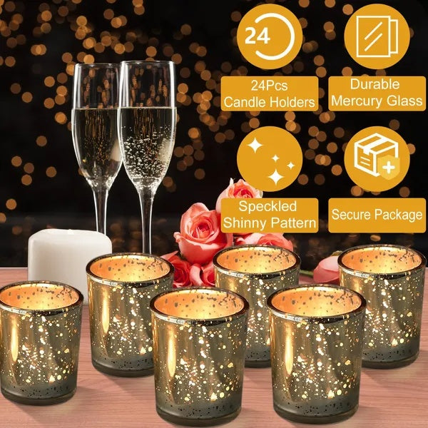 Gold Glass Tealight Candle Holders, 24 Pieces