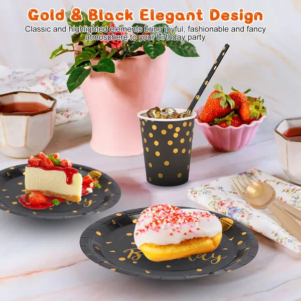 201-Piece Black and Gold Birthday Dinnerware Set