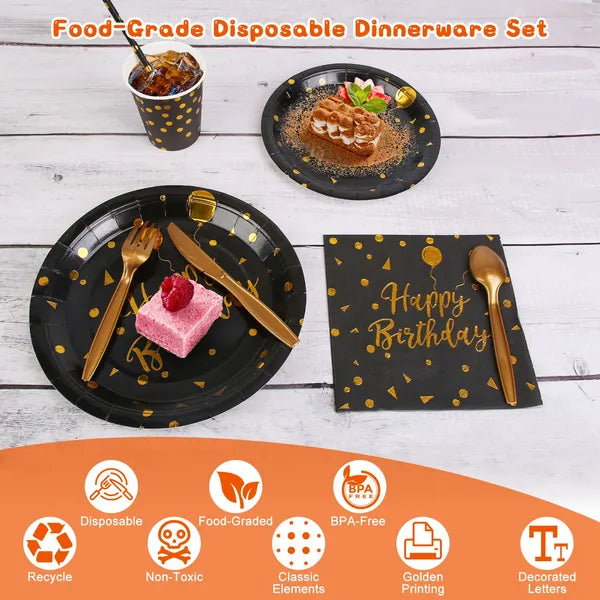 201-Piece Black and Gold Birthday Dinnerware Set