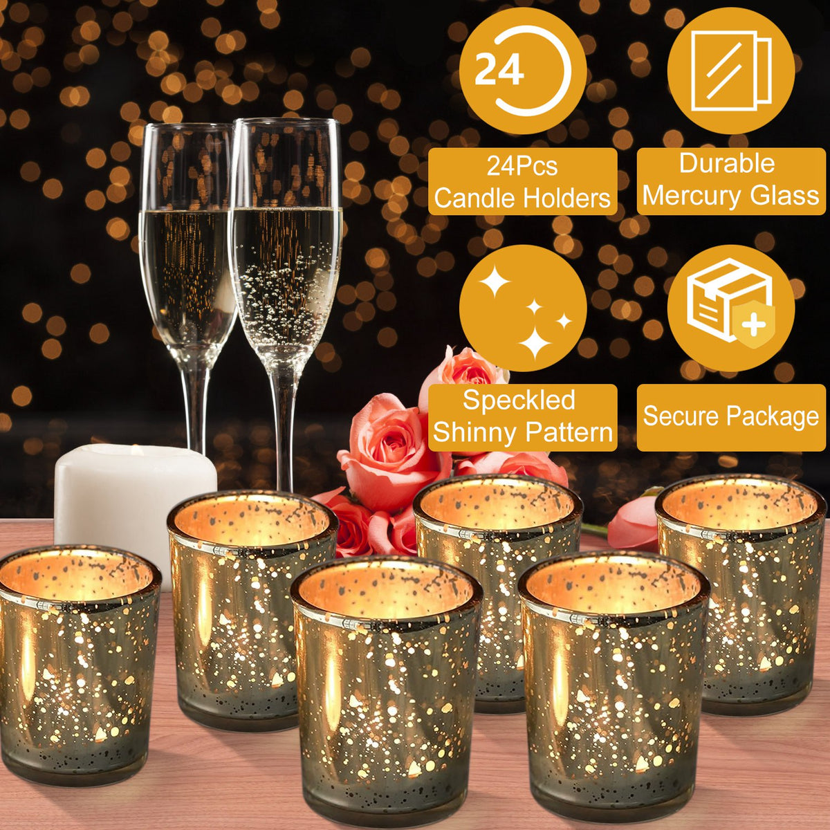 24 Gold Glass Votive and Tealight Candle Holders
