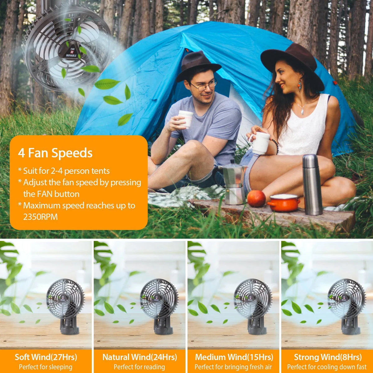 Rechargeable 10400mAh Camping Fan with LED Light
