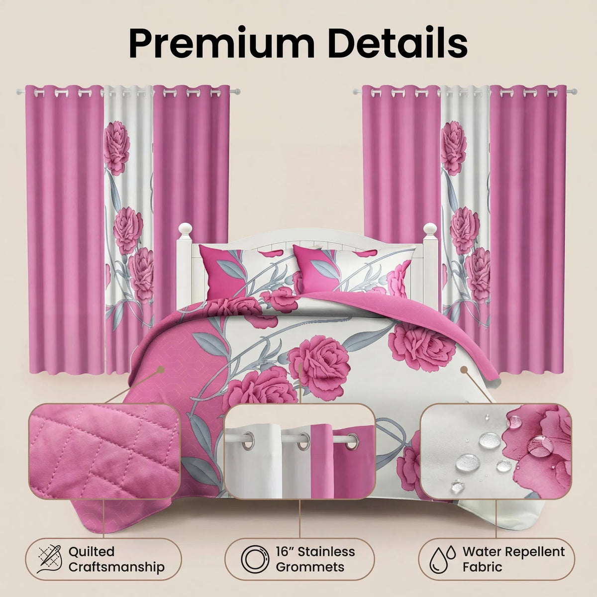9-Piece Pink Rose Bedding and Curtain Set