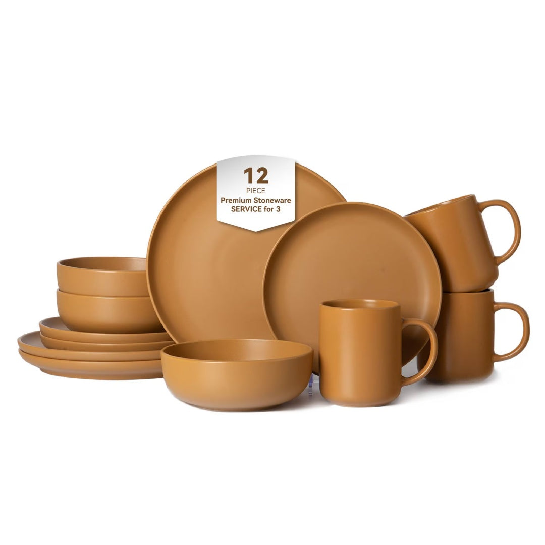 Orange 12-Piece Stoneware Dinnerware Set with Mugs